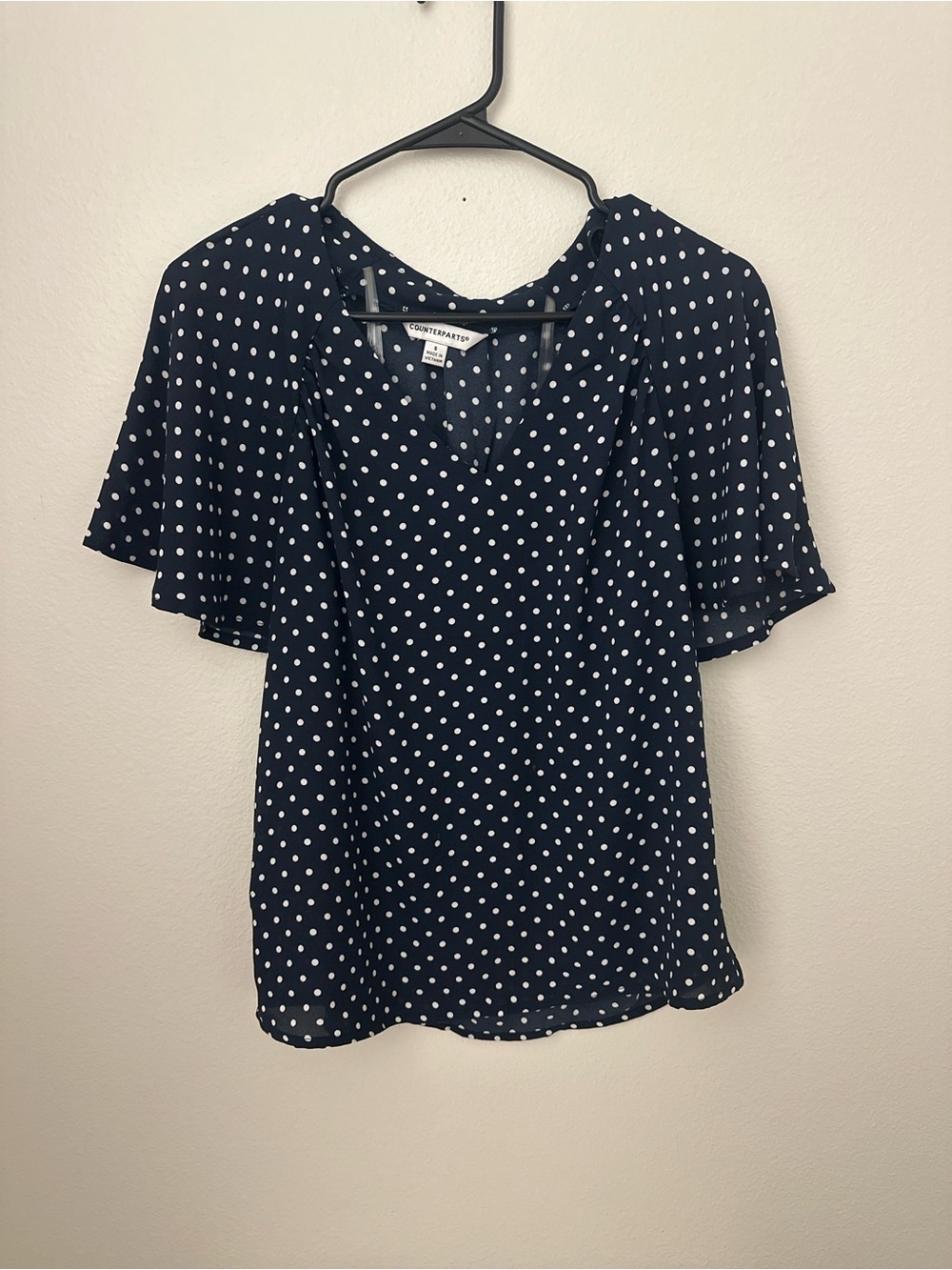 Counterparts Navy and White Polka Dot Flutter Sleeve Blouse
